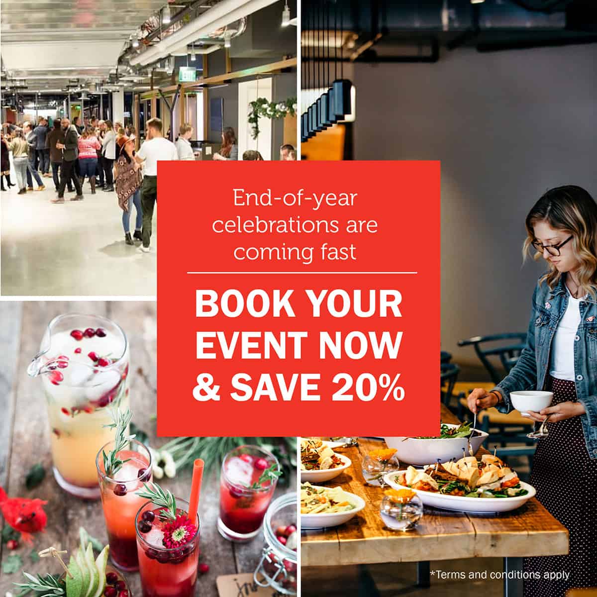 A collage showing people at an event in Serendipity Labs coworking spaces, festive drinks, a buffet spread, and the text: “End-of-year celebrations are coming fast. Book your offices and meeting rooms now & save 20%.”.