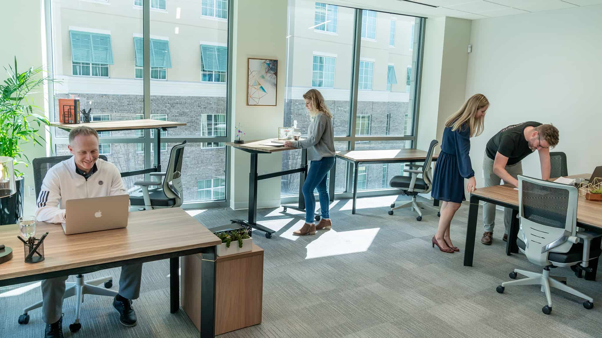 Members working in private Team Room with outdoor views.