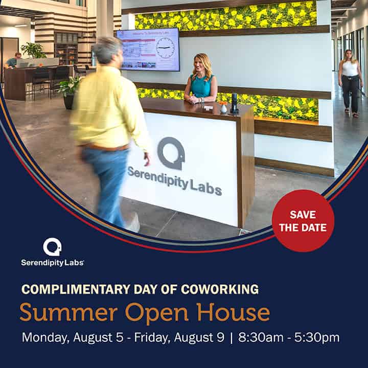 A person approaches the reception desk at Serendipity Labs coworking space, greeted by a smiling receptionist. Discover offices and meeting rooms during our Summer Open House, August 5-9, 8:30am-5:30pm.