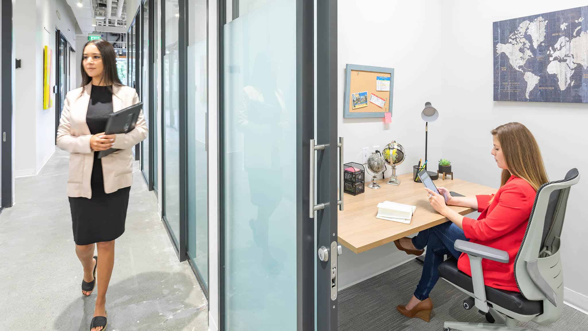 Woman working in a one person private office.