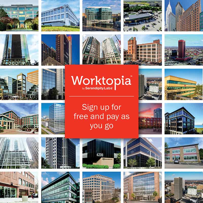 A collage of modern office buildings surrounds a red box with white text: Worktopia by Serendipity Labs. Discover flexible serendipity labs coworking—sign up for free and pay as you go for offices and meeting rooms.