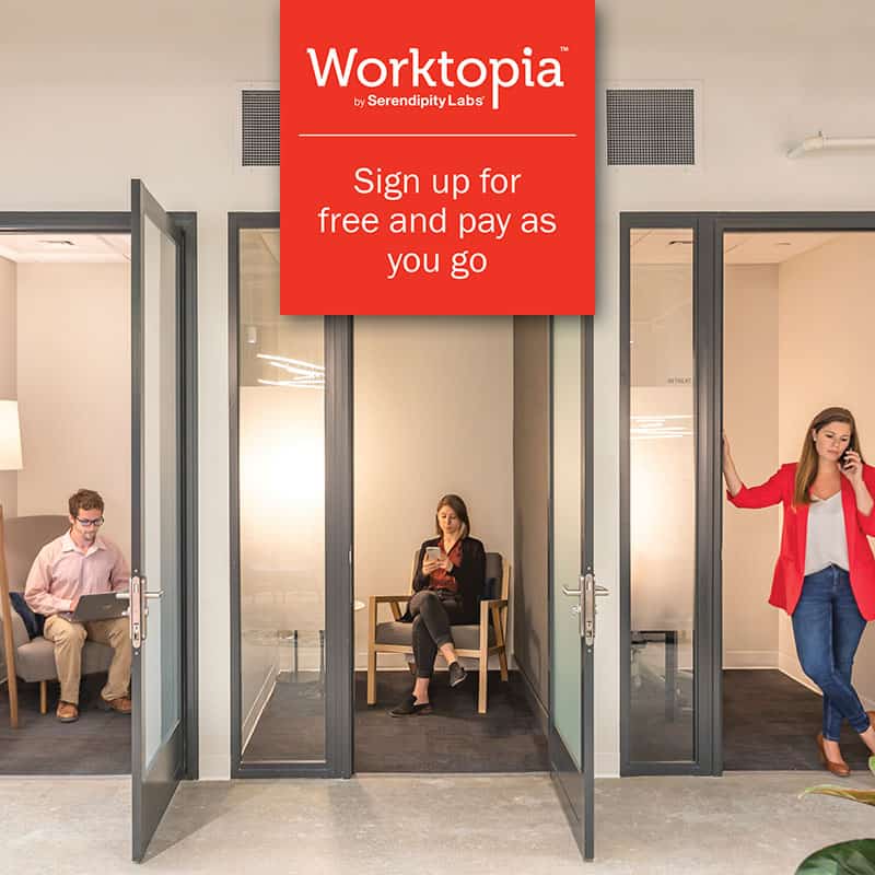 Three private offices and meeting rooms with glass doors show individuals at work. Above, a red sign reads, Worktopia: Sign up for free and pay as you go at Serendipity Labs coworking.