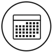 A simple black and white icon of a calendar with a grid layout, enclosed in a circular border—perfect for booking offices and meeting rooms at Serendipity Labs coworking spaces.