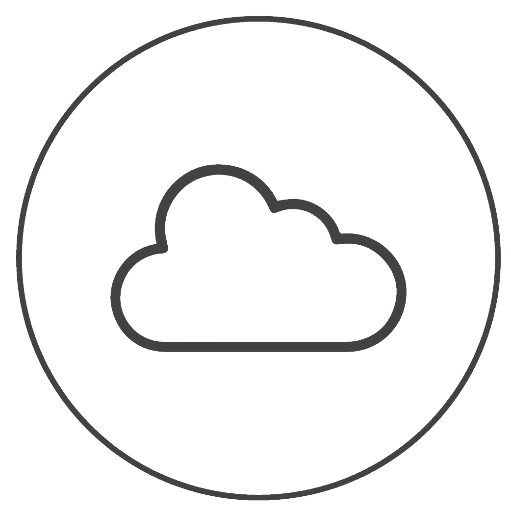 A simple black outline of a cloud is centered inside a large black circle on a plain dark background, evoking the calm and focus found in serendipity labs coworking offices and meeting rooms.