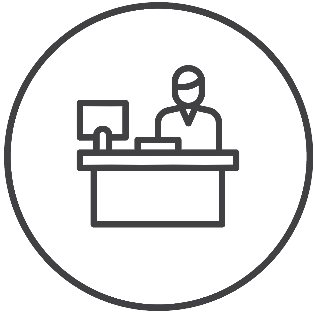 A simple black and white line drawing of a person sitting at a desk with a computer monitor, enclosed within a circular border, evokes the modern workspaces found in serendipity labs coworking offices and meeting rooms.