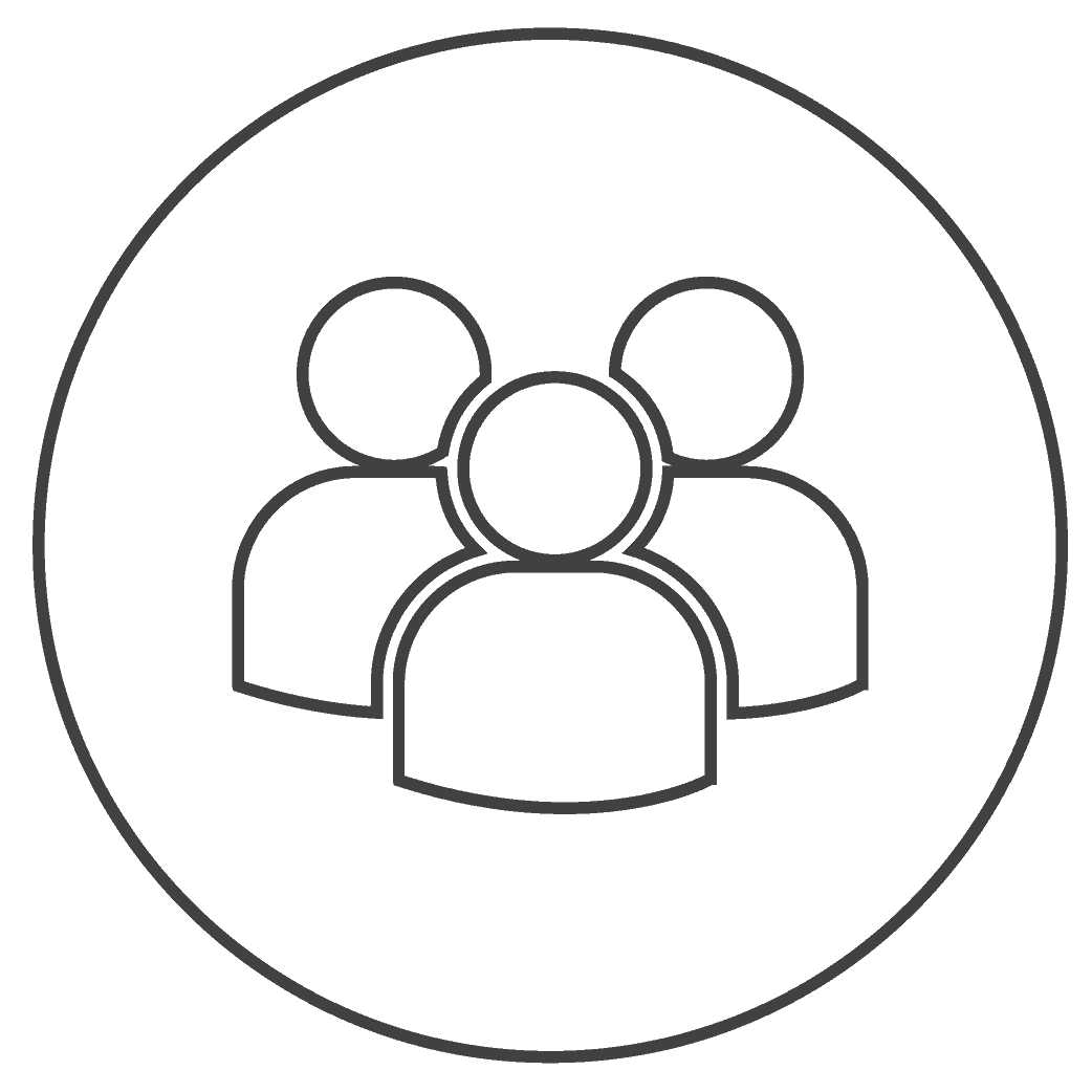 Simple black outline icon of three people grouped together inside a circle, symbolizing a community, team, or group—perfect for representing offices and meeting rooms at Serendipity Labs coworking spaces. Minimalistic design with one figure in front and two behind.