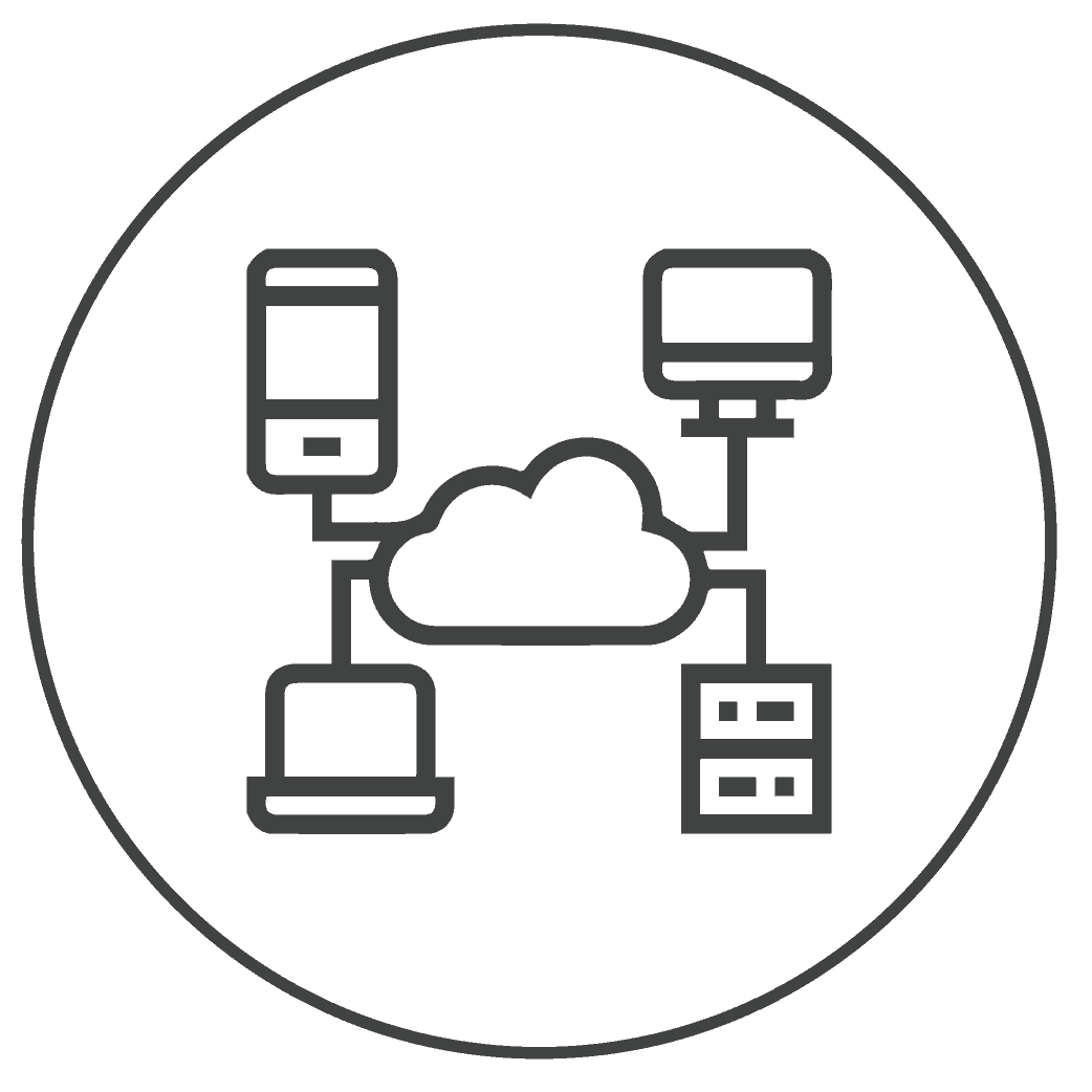 Black line icon depicting cloud computing: a cloud in the center connected to a smartphone, desktop monitor, server, and database—ideal for illustrating how serendipity labs coworking utilizes technology in its offices and meeting rooms.