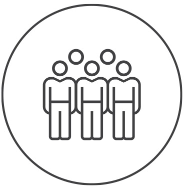 Simple black and white icon of four people standing together inside a large circle, representing a group or community—perfect for illustrating offices and meeting rooms at Serendipity Labs coworking spaces.
