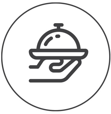 A simple black outline icon of a hand holding a covered food tray, enclosed within a circle, representing food service or catering for offices and meeting rooms at Serendipity Labs coworking spaces.