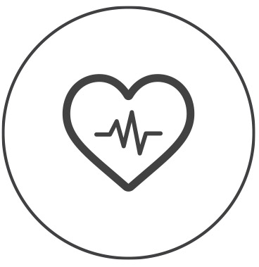 A black outline of a heart with an electrocardiogram line inside, centered within a simple black circle on a white background, symbolizing the vibrant community energy found in Serendipity Labs coworking offices and meeting rooms.