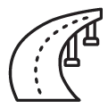A simple black line icon of a curved elevated road or bridge with dashed lane markings and two supporting columns, ideal for representing smooth connections to offices and meeting rooms.