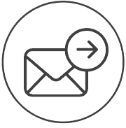 A simple black and white icon of an envelope with a circle containing a right-pointing arrow, suggesting sending an email or message—ideal for serendipity labs coworking offices and meeting rooms communication.