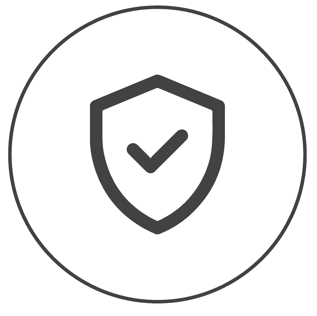 A black shield icon with a checkmark inside is centered within a black circle on a transparent background, symbolizing the security found in Serendipity Labs coworking offices and meeting rooms.
