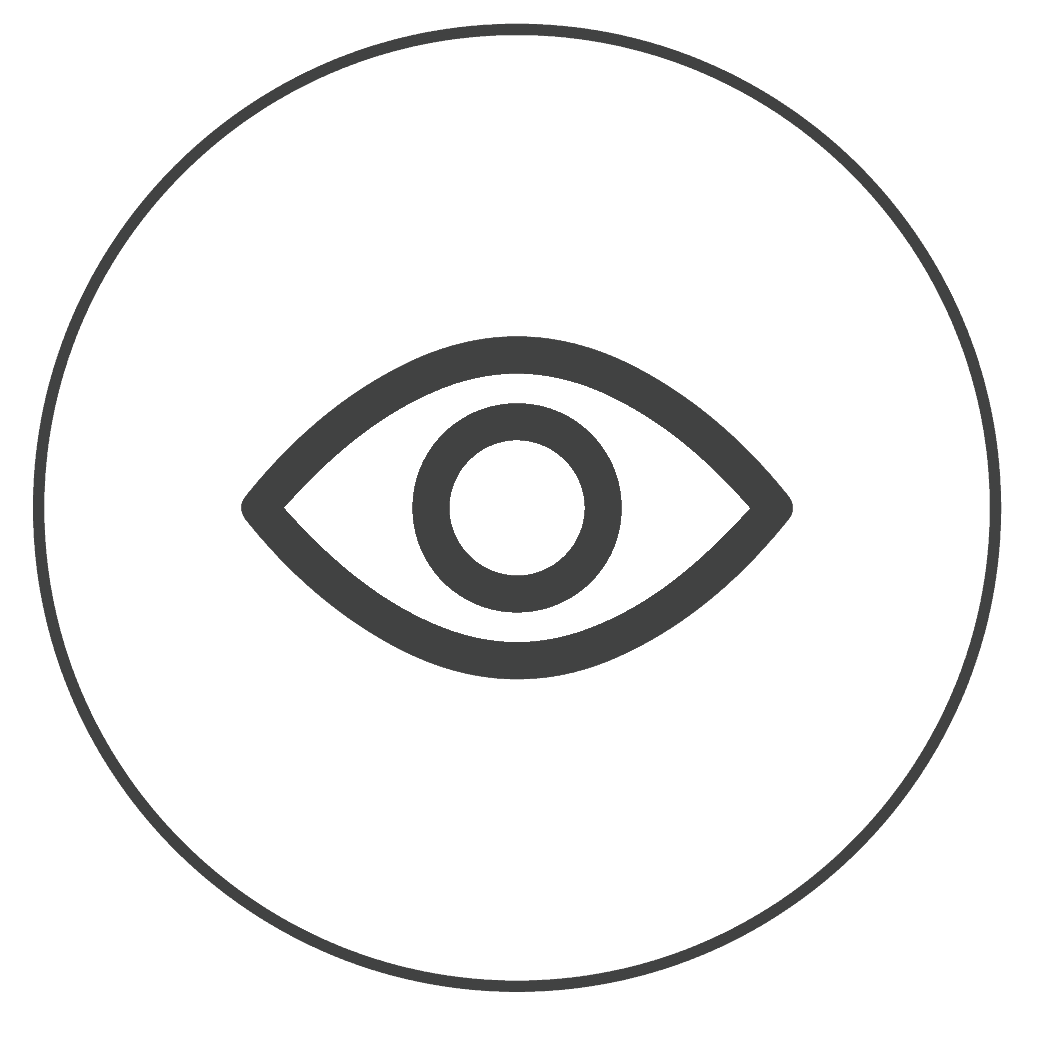 A simple eye icon in black and white is centered within a thin black circle on a gray background, symbolizing the clarity and focus found at Serendipity Labs coworking offices and meeting rooms.